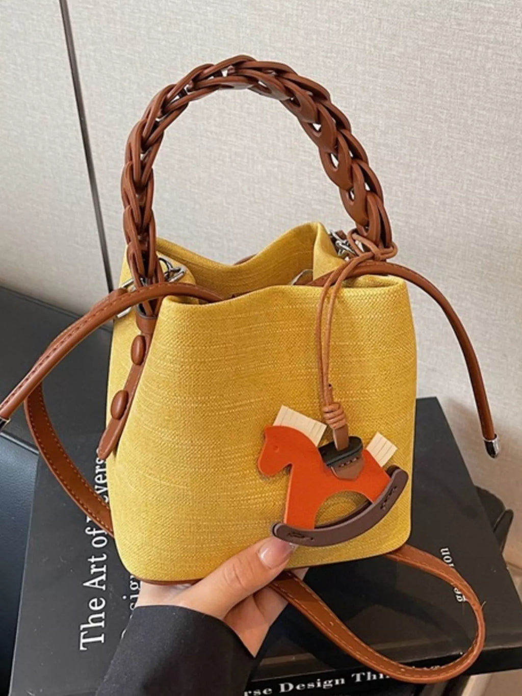 Braided Top Handle Bucket Crossbody Bag