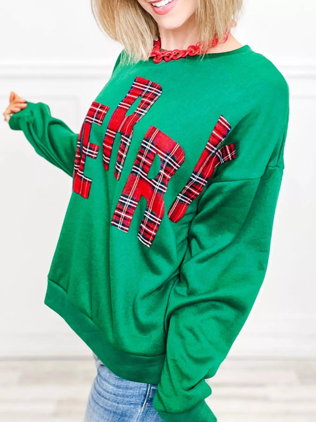 Plaid Letter Graphic Round Neck Sweatshirt