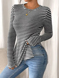 Slit Striped Long Sleeve Casual T-Shirt