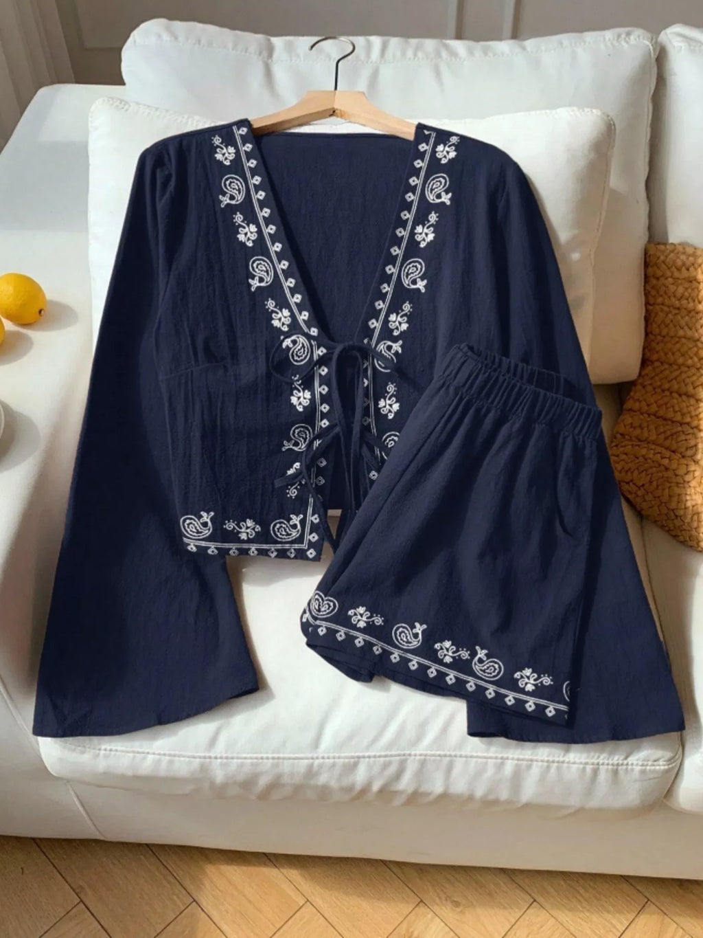 Embroidered Tie-Front Top & Shorts Set