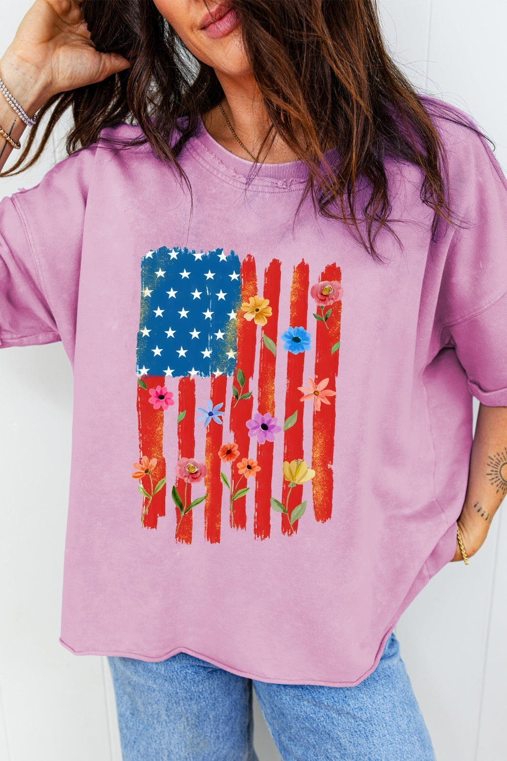 Floral American Flag Printed Raw Edge Cotton Tee