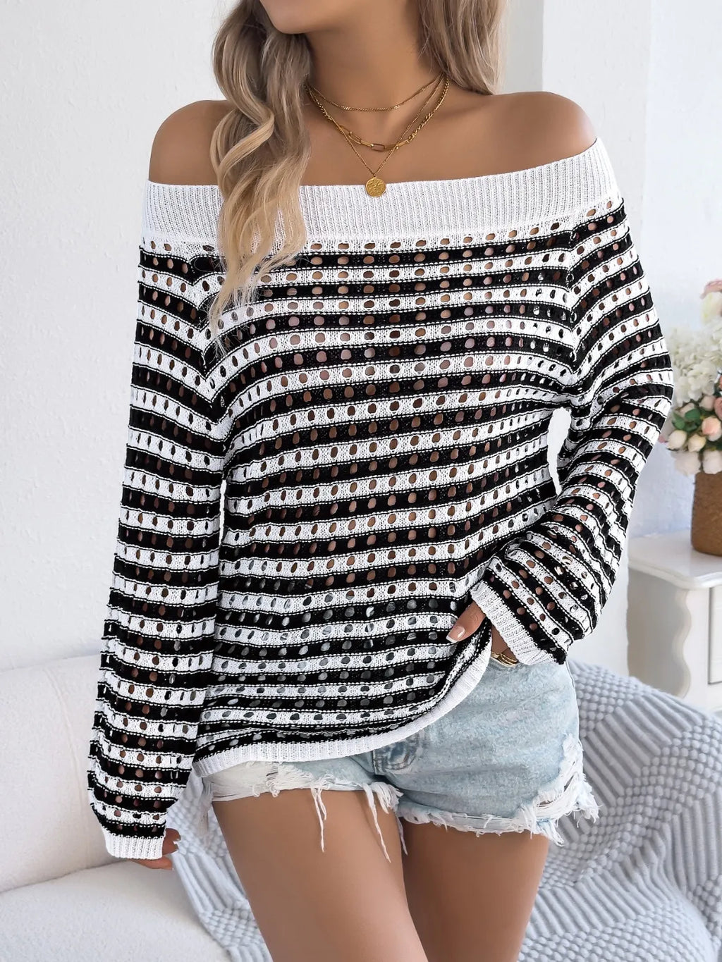 Openwork Striped Off-Shoulder Knit Top