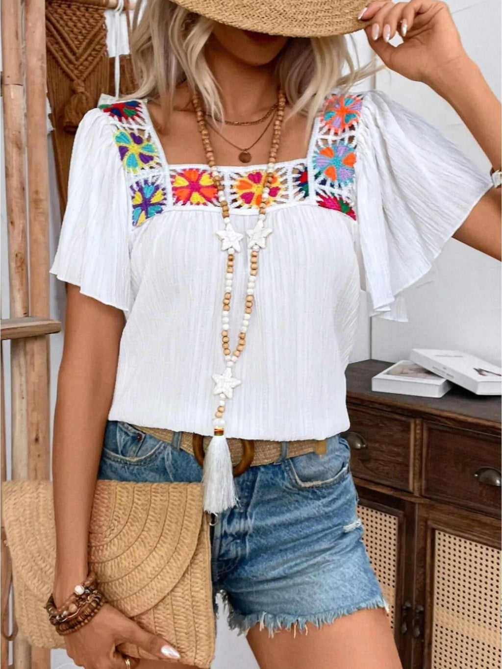 Embroidered Square Neck Flutter Sleeve Blouse