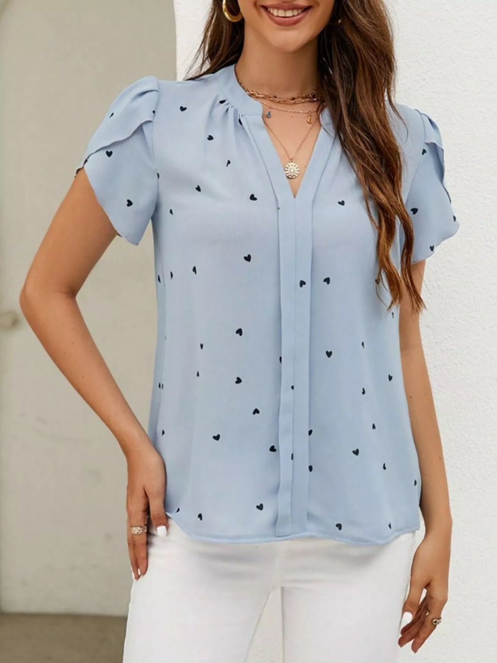 Heart Print Petal Sleeve Blouse