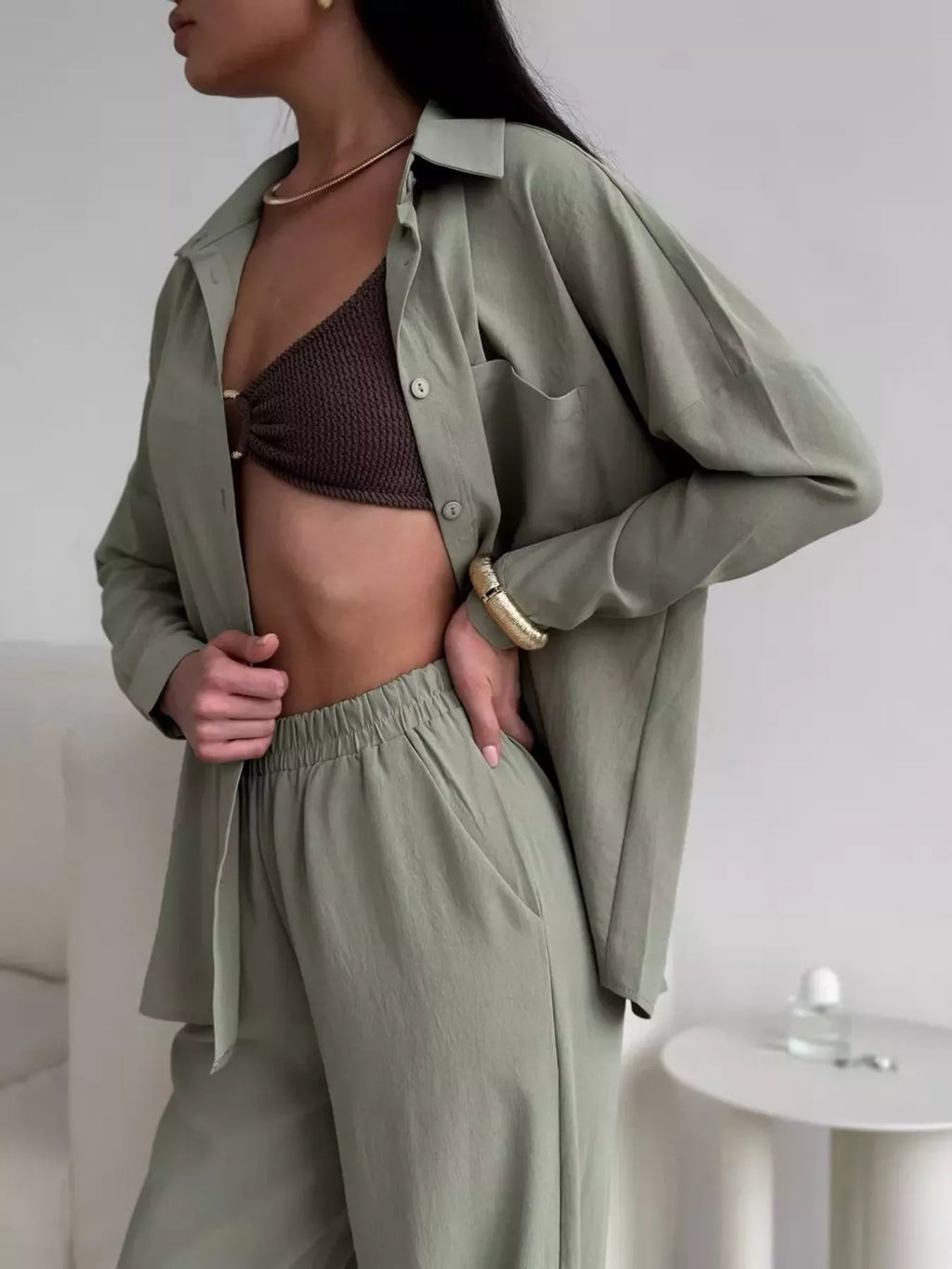 Relaxed Fit Shirt and Wide Leg Pants Set