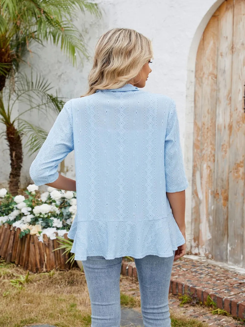 Eyelet Open Front Three-Quarter Sleeve Top
