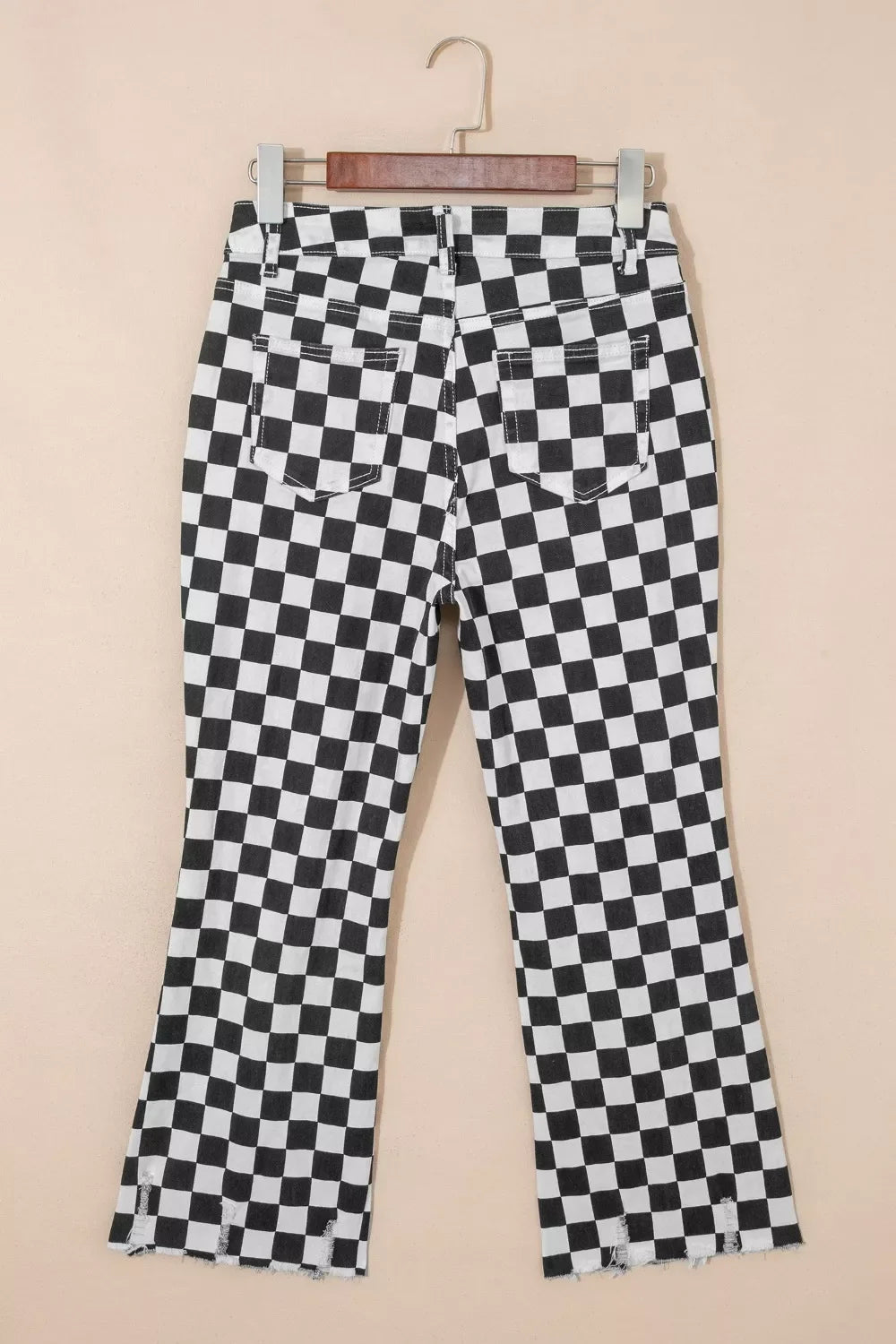 Checkerboard Print Distressed Holes Raw Edge Cropped Jeans