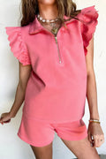 Half Zipped Ruffled Top and Shorts Set