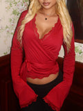 Lace Trim Bell Sleeve Tie Blouse