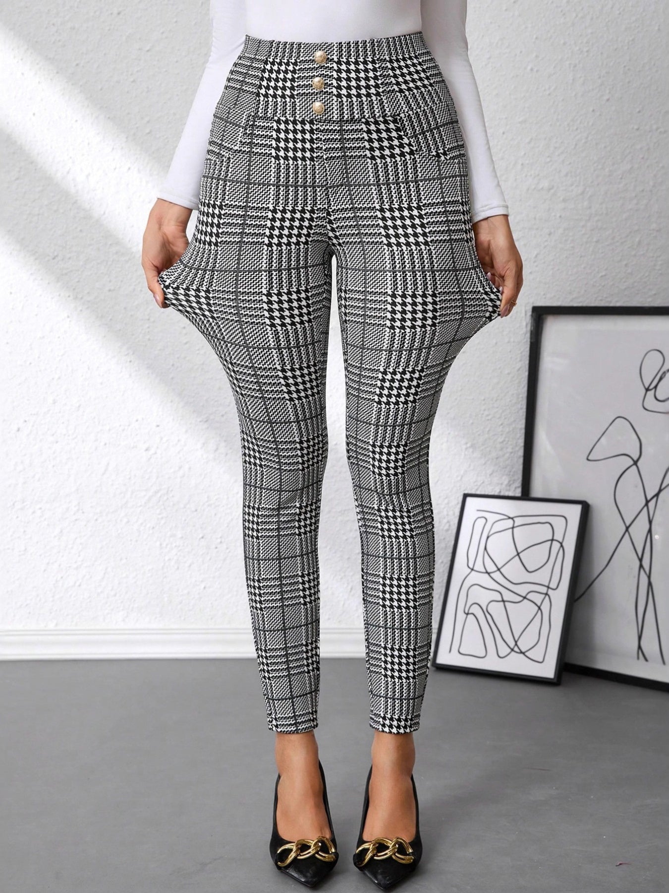 High Waist Plaid Slim Fit Pants
