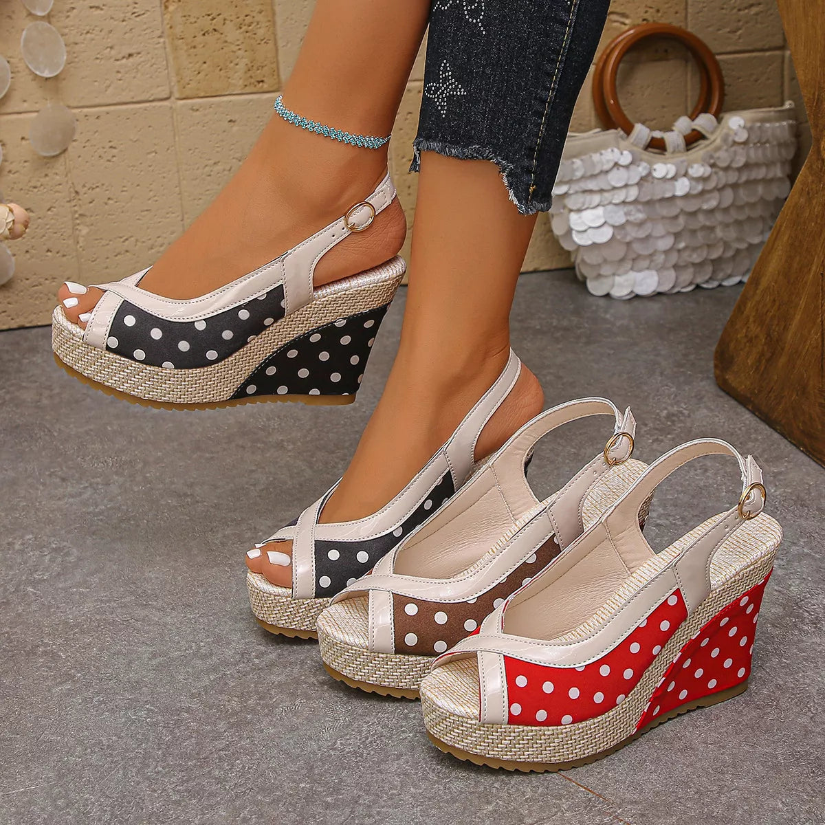 Polka Dot Peep Toe Wedge Sandals