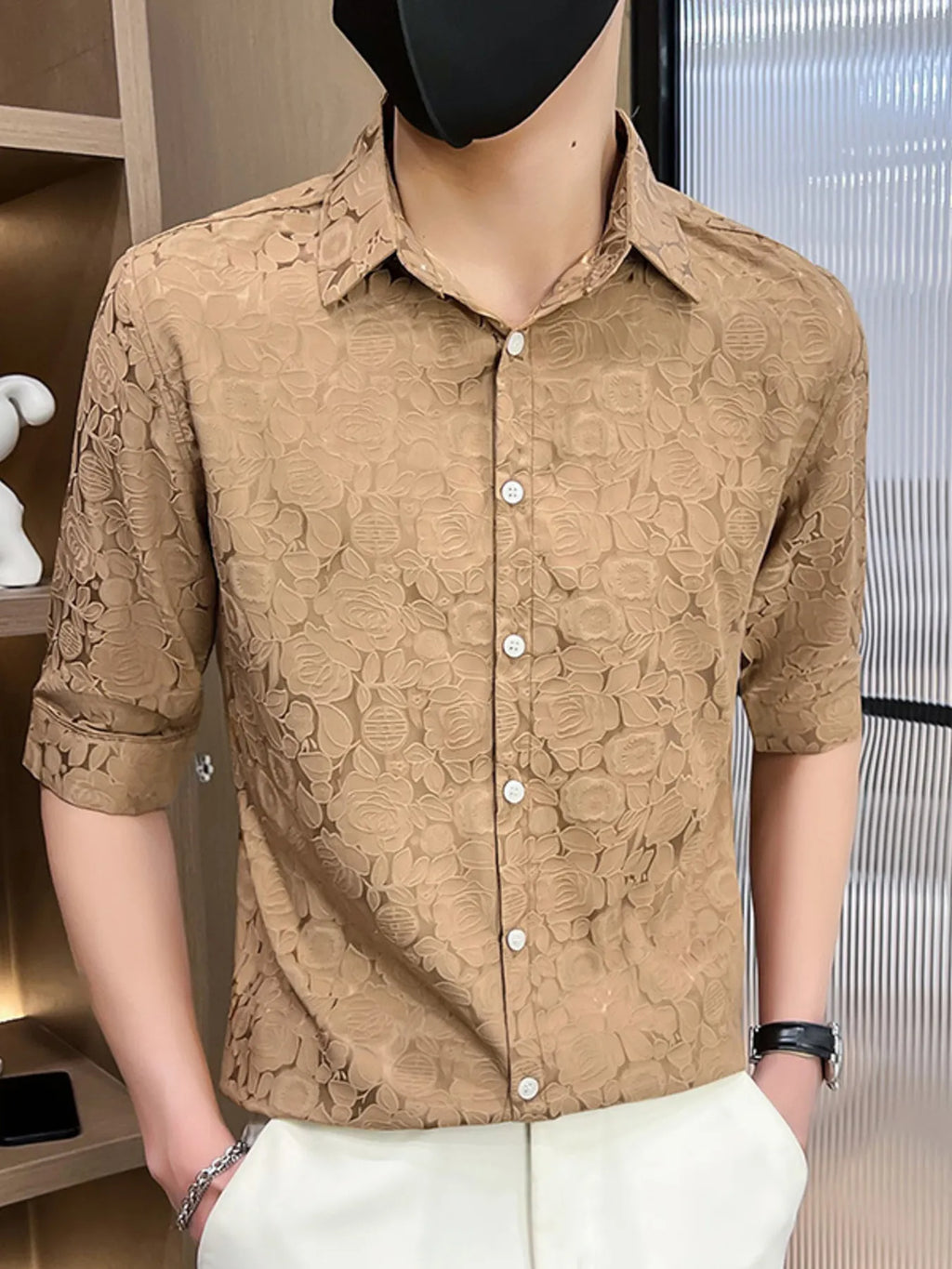 Men's Plus Size Floral Lace Slim Fit Shirt