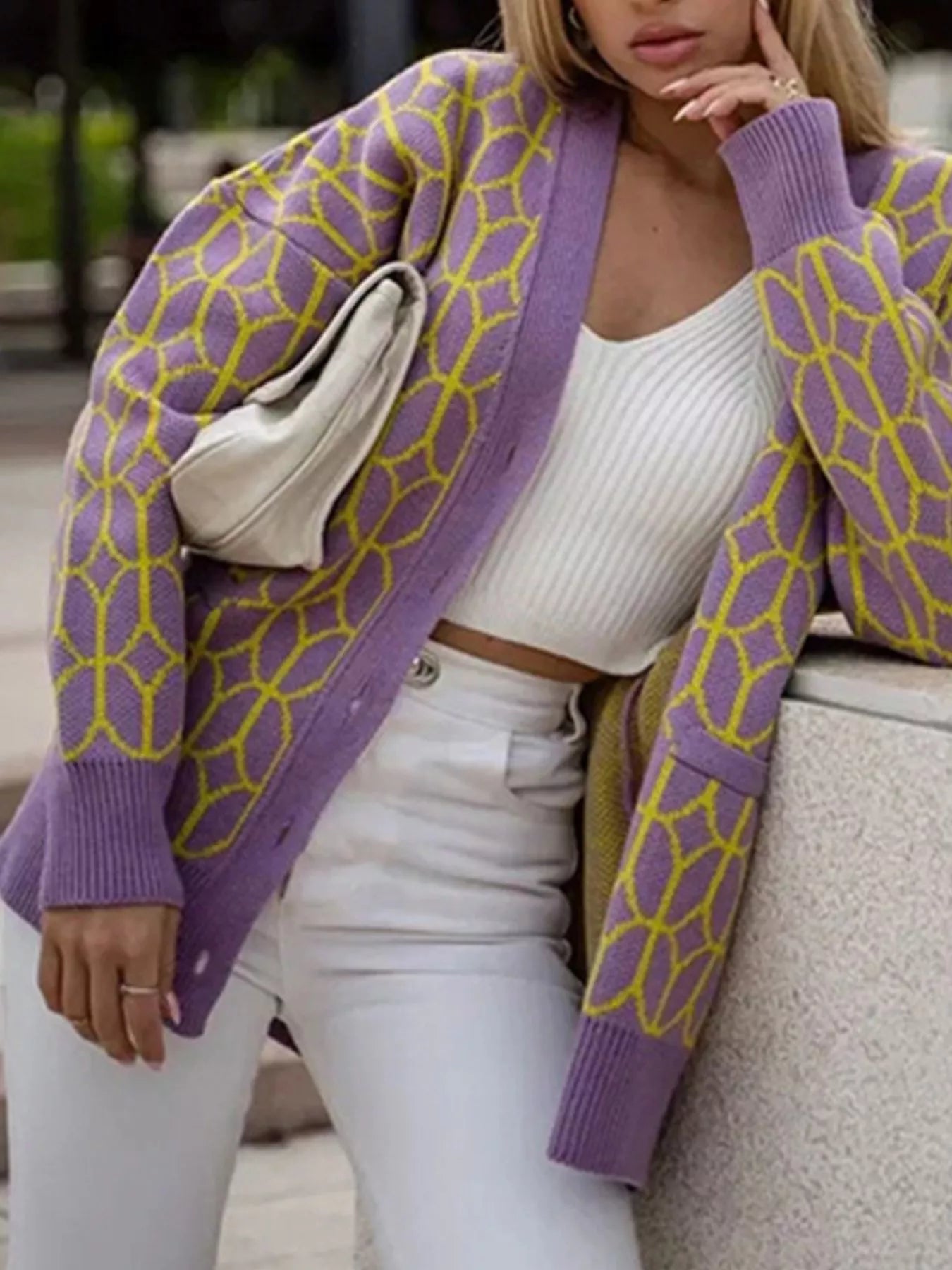 Geometric Patterned Button-Down Cardigan