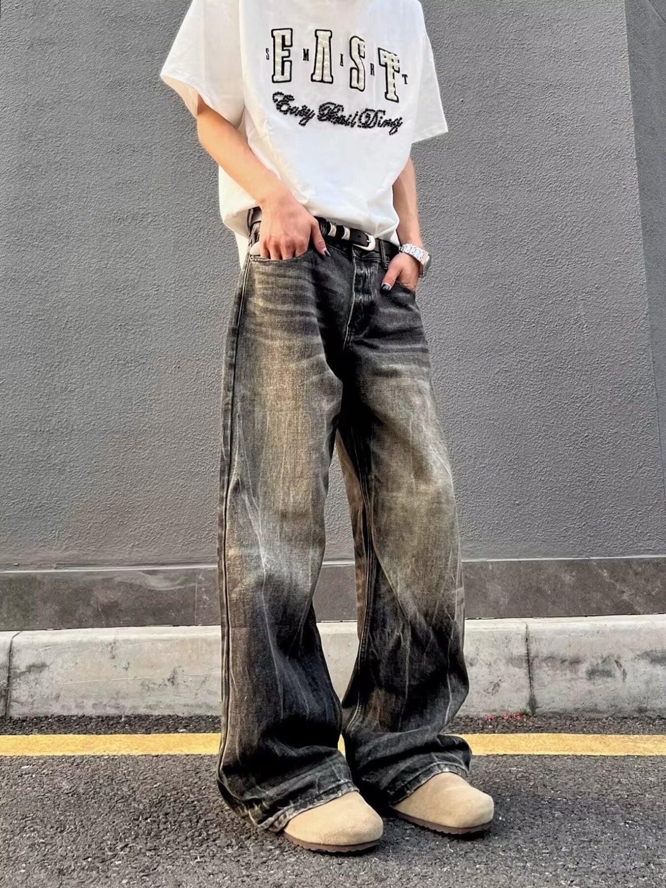 Men's Full Size Vintage Wash Wide Leg Jeans Plus Size