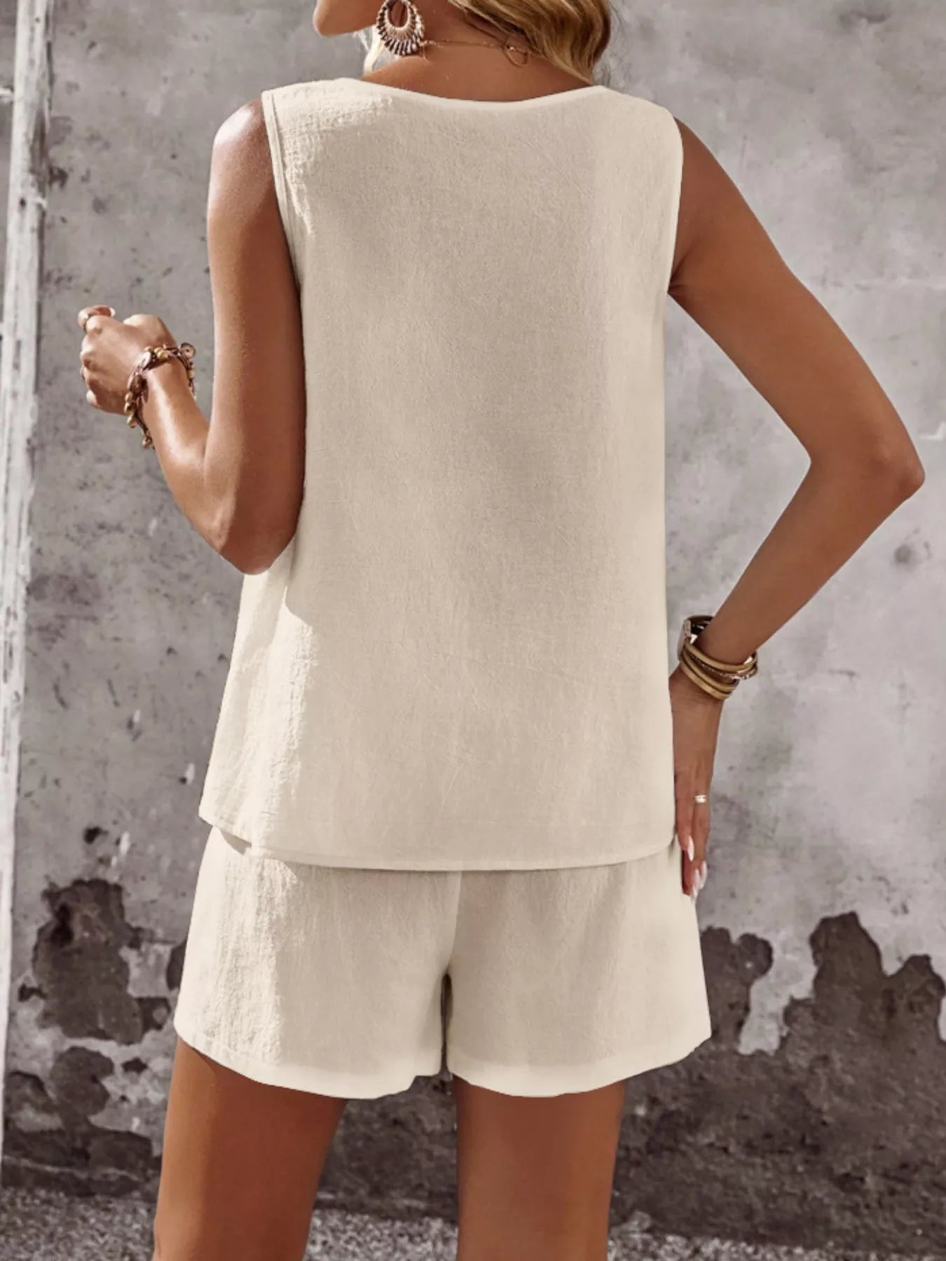 Decor Button Round Neck Tank and Shorts Set
