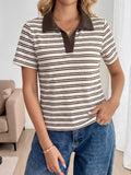 Striped Polo Collar Short Sleeve Top