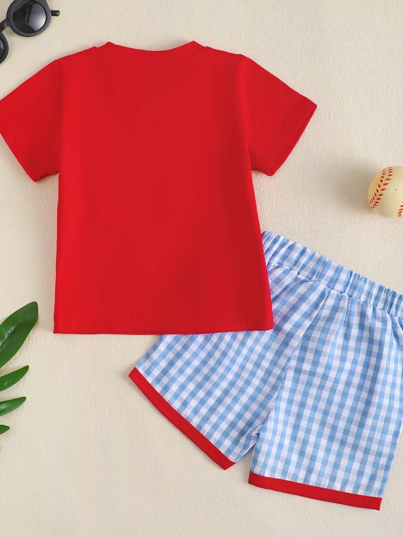 Children's Baseball Embroidered T-shirt and Gingham Shorts Set