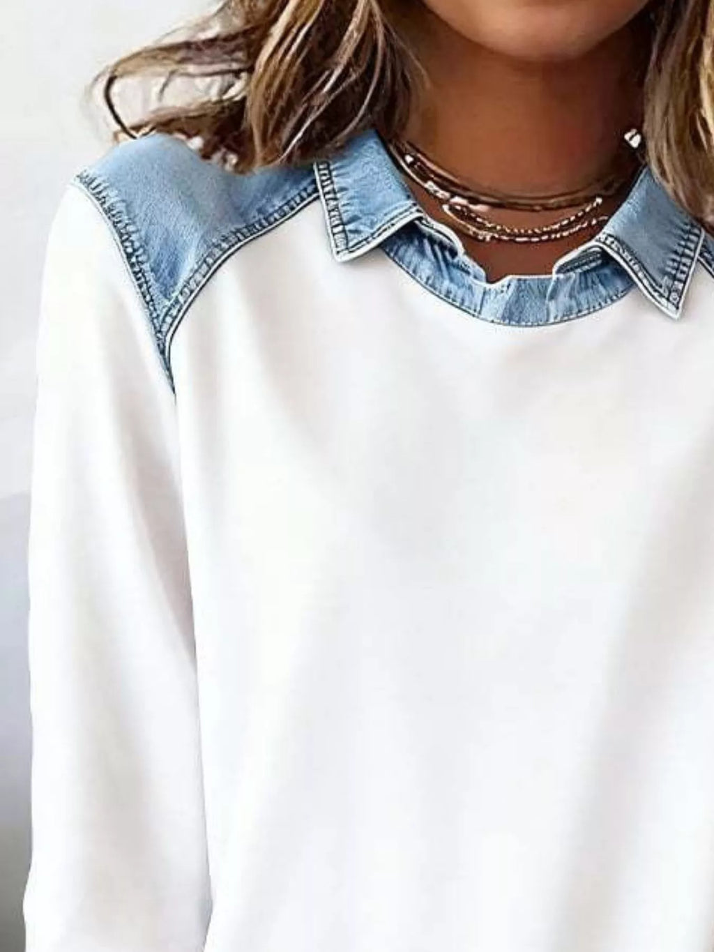 Full Size Denim Trim Long Sleeve Top Plus Size