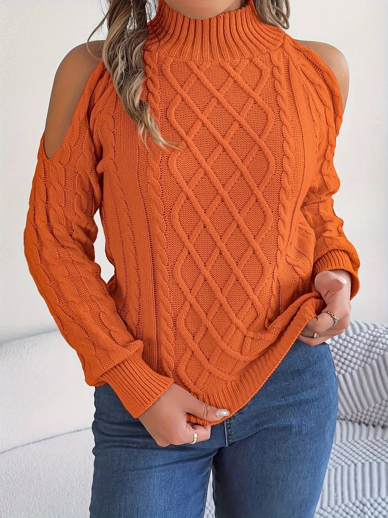 Cable Knit Cold Shoulder Turtleneck Sweater