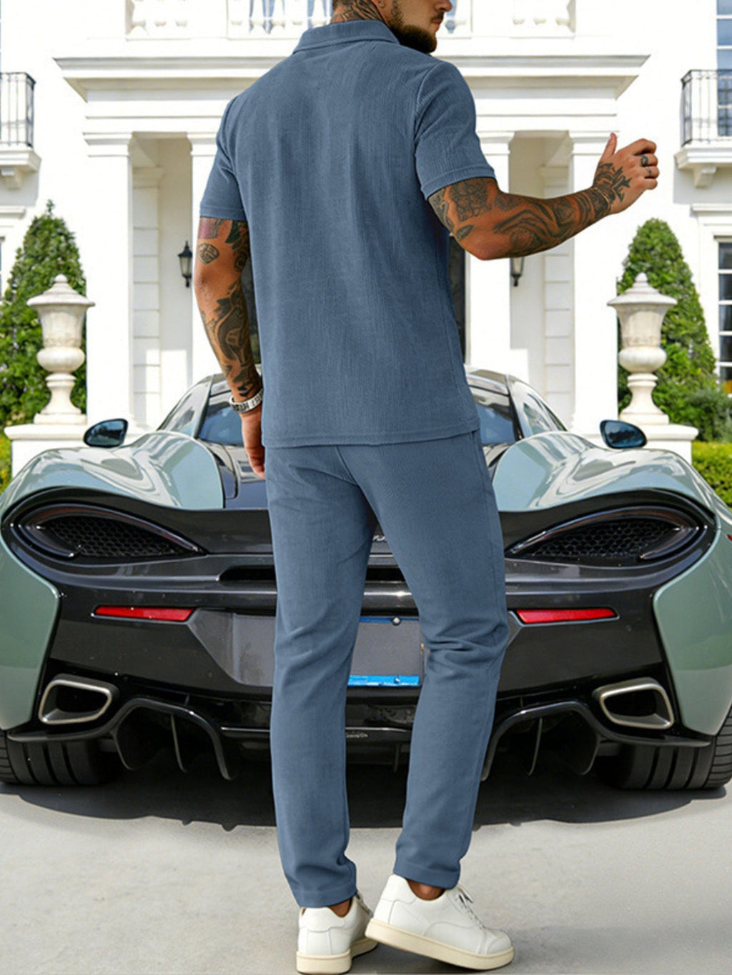 Men's Full Size Casual Zipper Polo Shirt and Drawstring Pants Set Plus Size