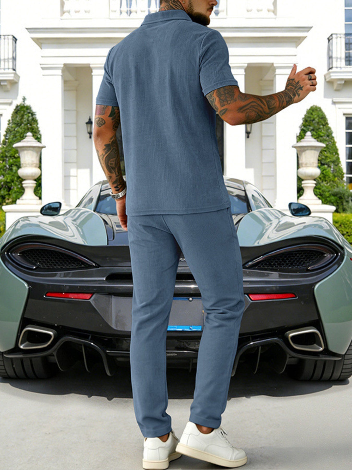 Men's Full Size Casual Zipper Polo Shirt and Drawstring Pants Set Plus Size