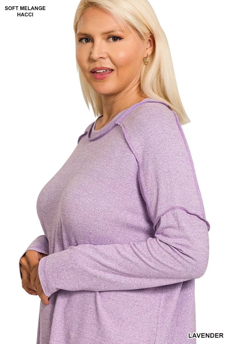 Zenana Full Size Melange Hacci Exposed Seam Hi-low Tee Plus Size