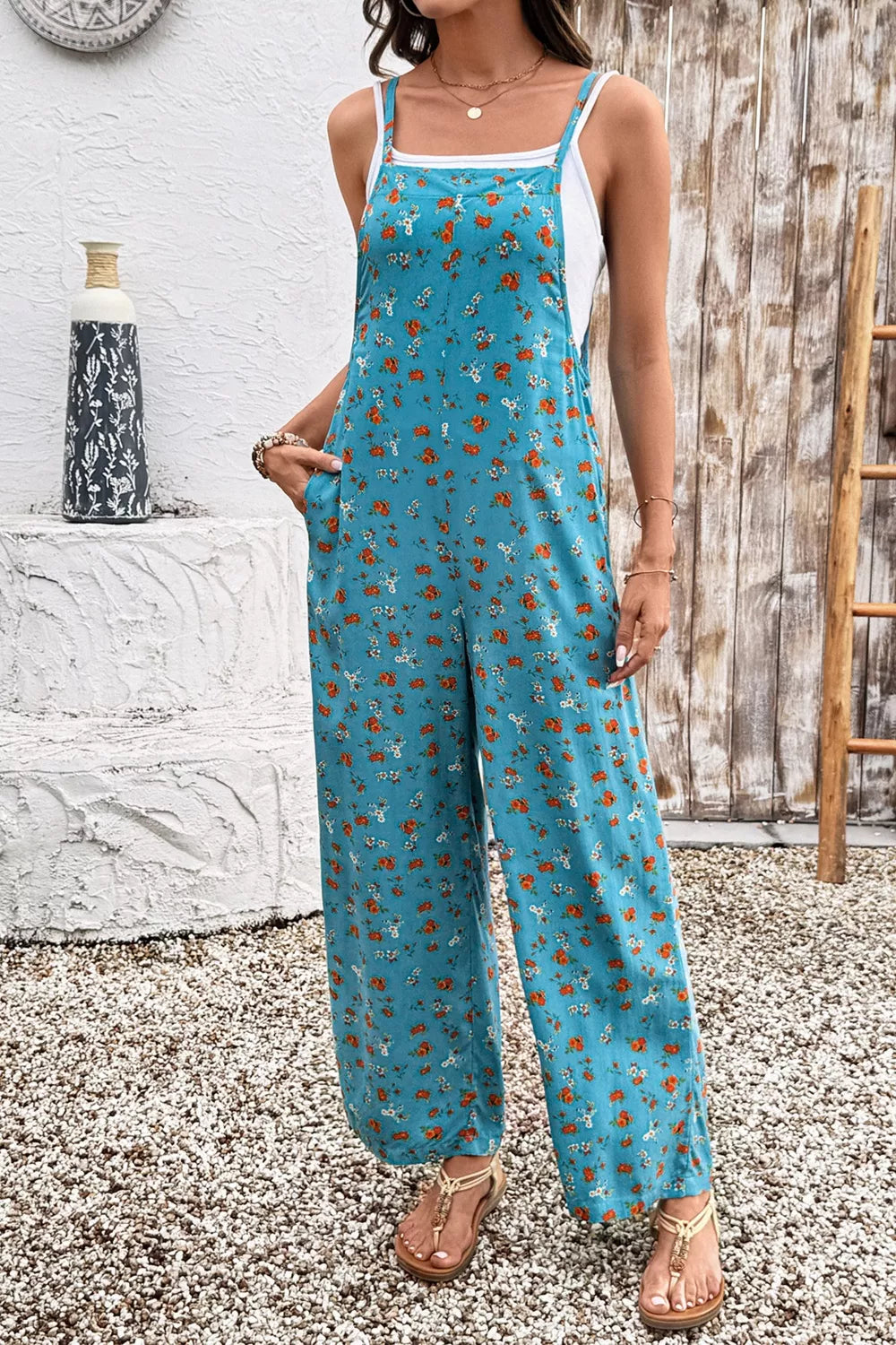 Floral Print Spaghetti Straps Loose Pocketed Jumpsuit