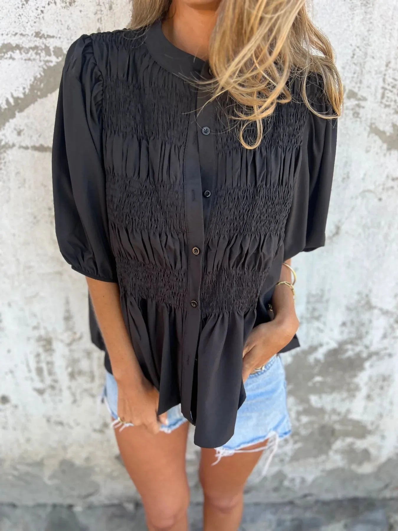 Full Size Smocked Puff Sleeve Blouse Plus Size
