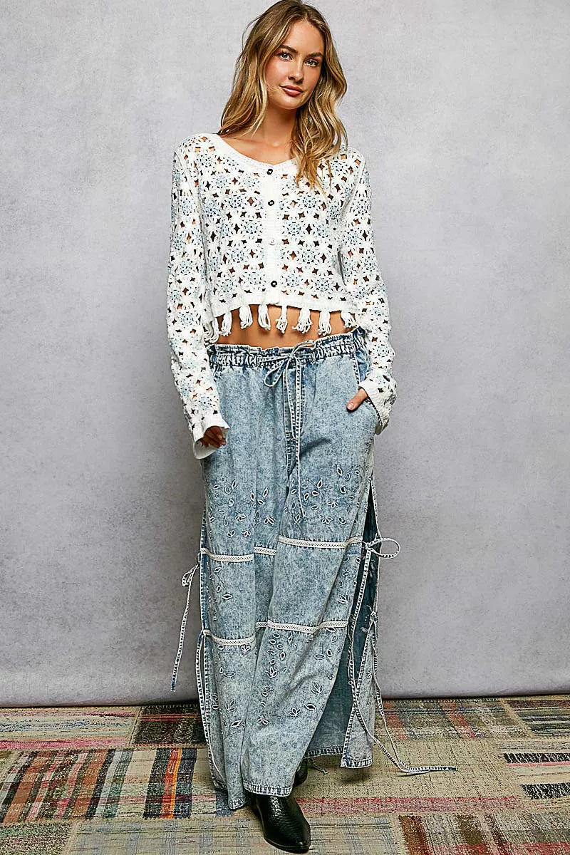 POL Openwork Floral Crochet Cardigan with Tassel Hem