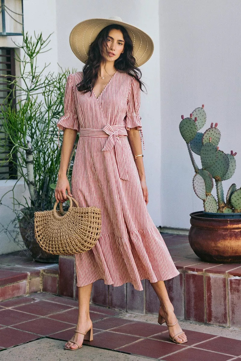 SO ME Stripe Textured Short Sleeves Lined Wrap Midi Dres
