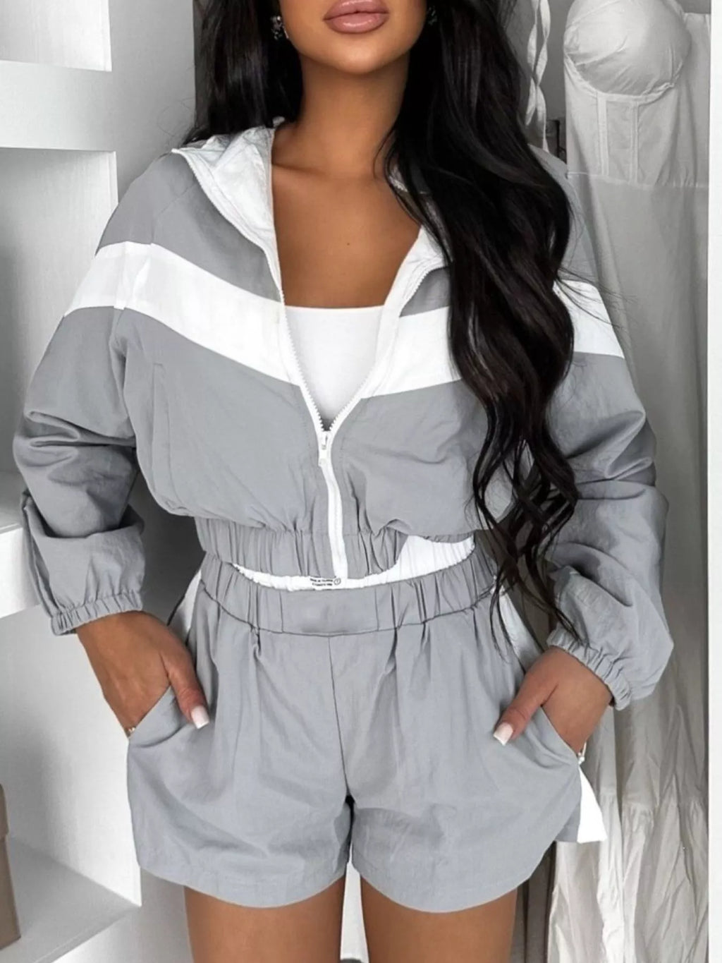 Zip Up Long Sleeve Outerwear and Shorts Set