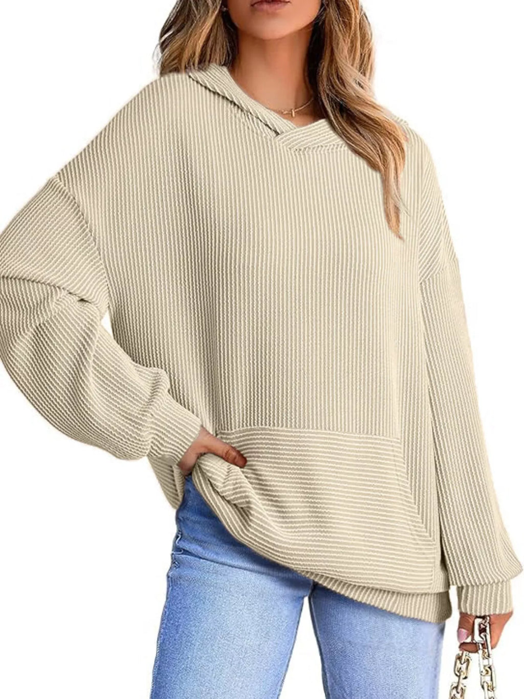 Ribbed Oversized Hoodie Sweatshirt with Pocket