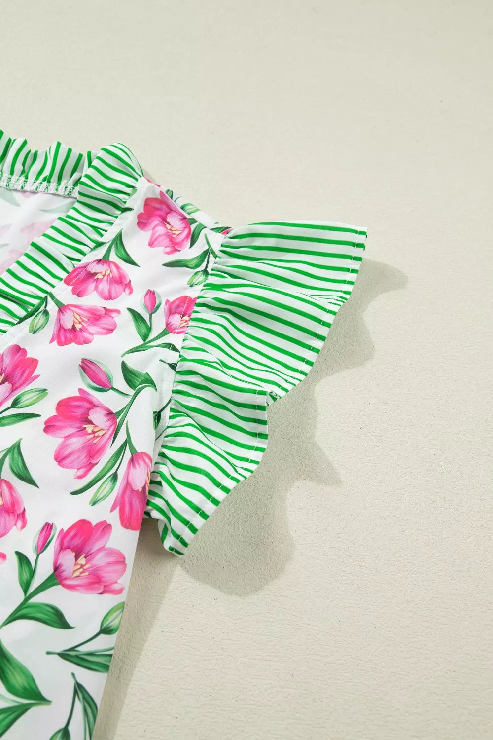 Floral Print Striped Ruffle Trim V Neck Blouse