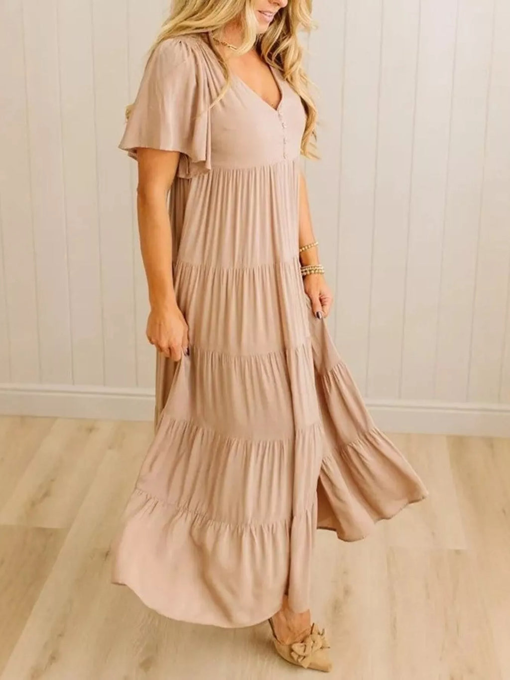 V-Neck Tiered Midi Dress