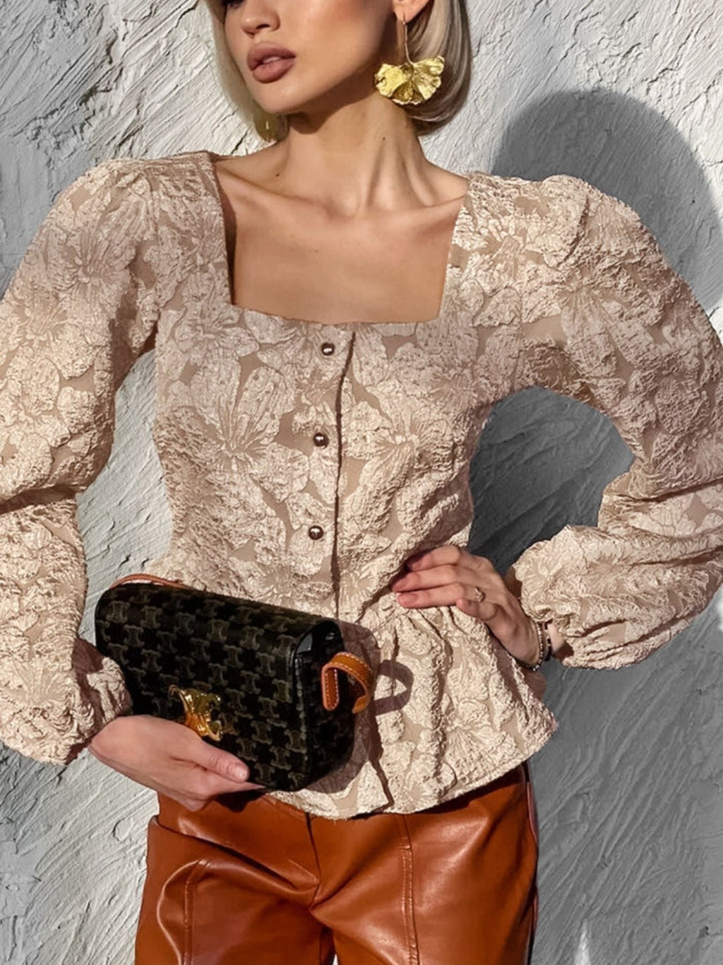 Textured Square Neck Balloon Sleeve Shirt