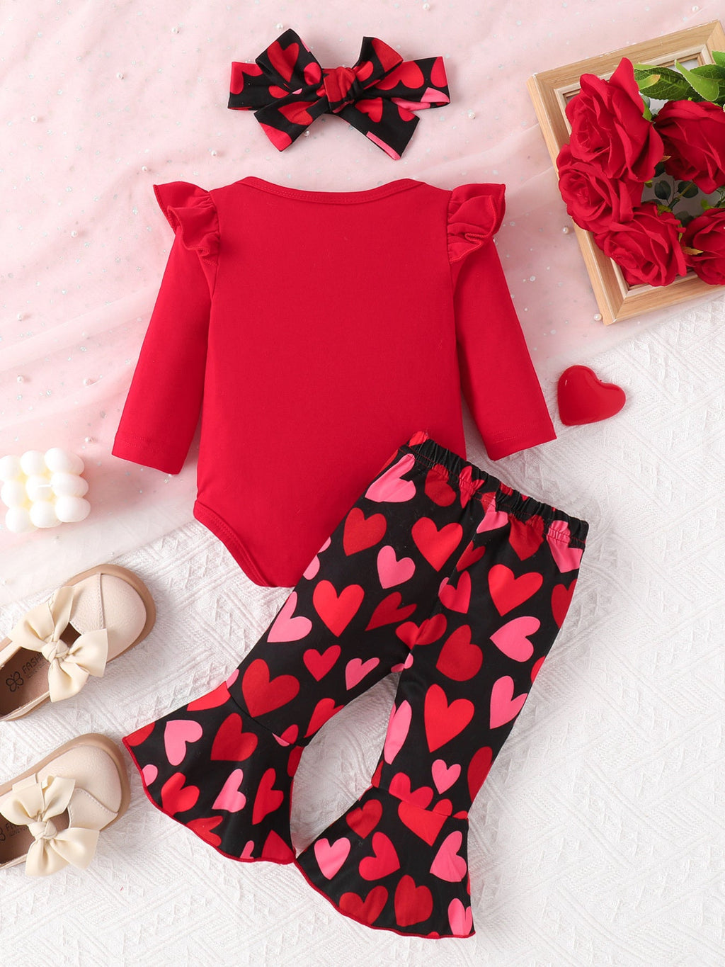 Children's Letter Ruffled Trim Bodysuit and Pants Set with Headband