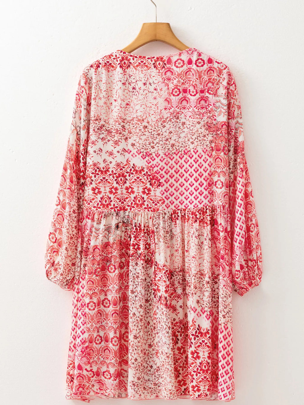 loral Print Tassel Tie Long Sleeve Flowy Mini Dress