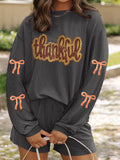 Thankful Letter Patched Sequin Bow Sleeve Twisted Ribbed Top and Short Set