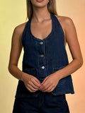 Halter Neck Button-Down Denim Vest