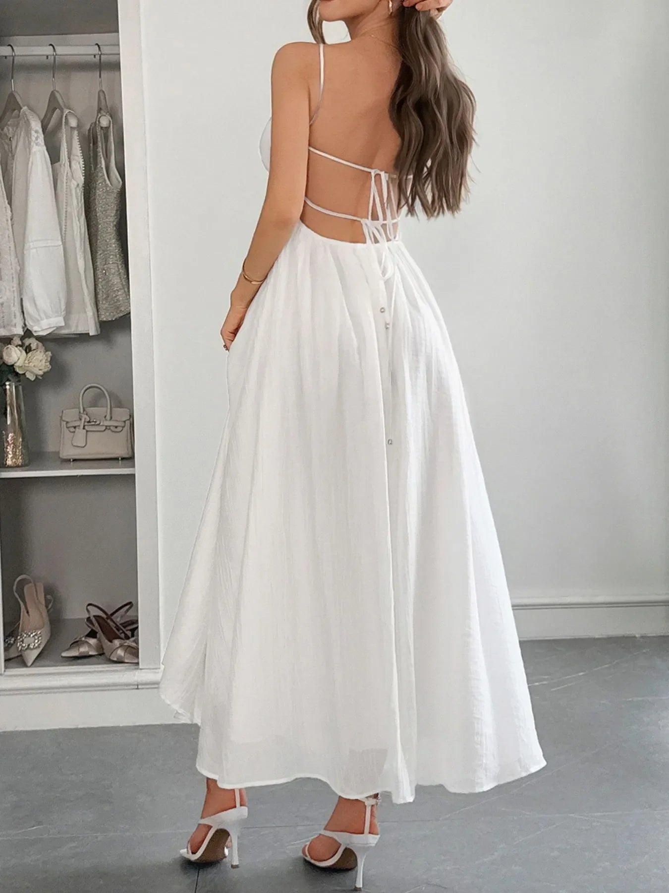 Texture Sweetheart Neck Backless Cami Dress