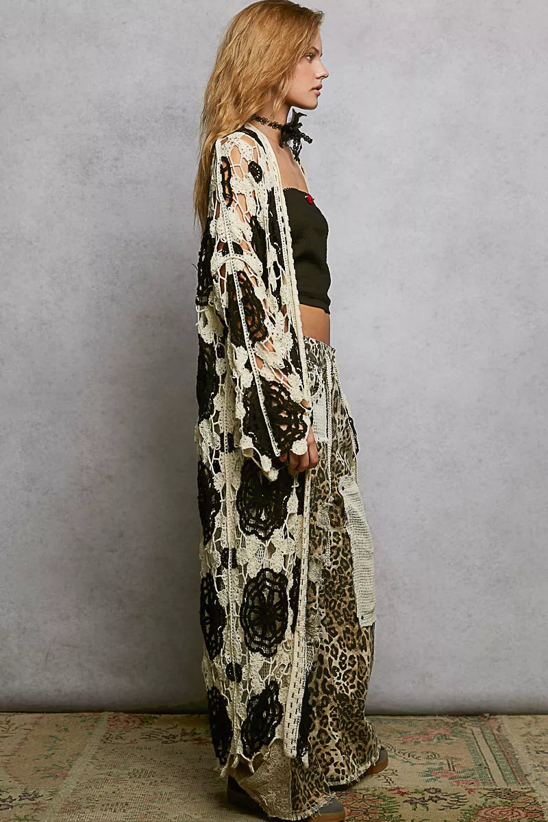 POL Open Front Crochet Longline Cardigan