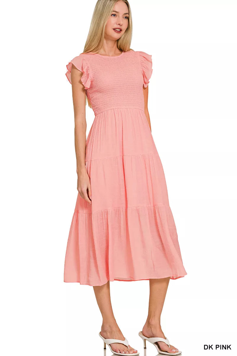 Zenana Woven Smocked Ruffle Sleeve Midi Dress