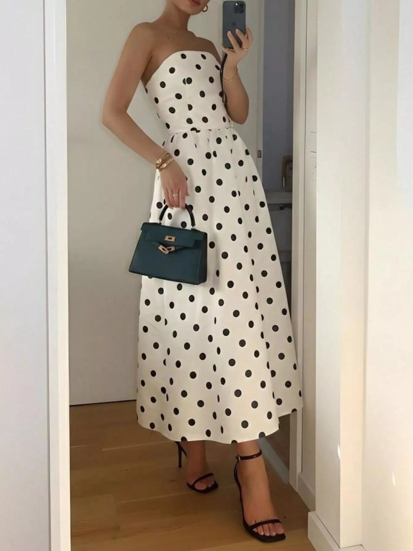 Polka Dot Strapless Midi Dress