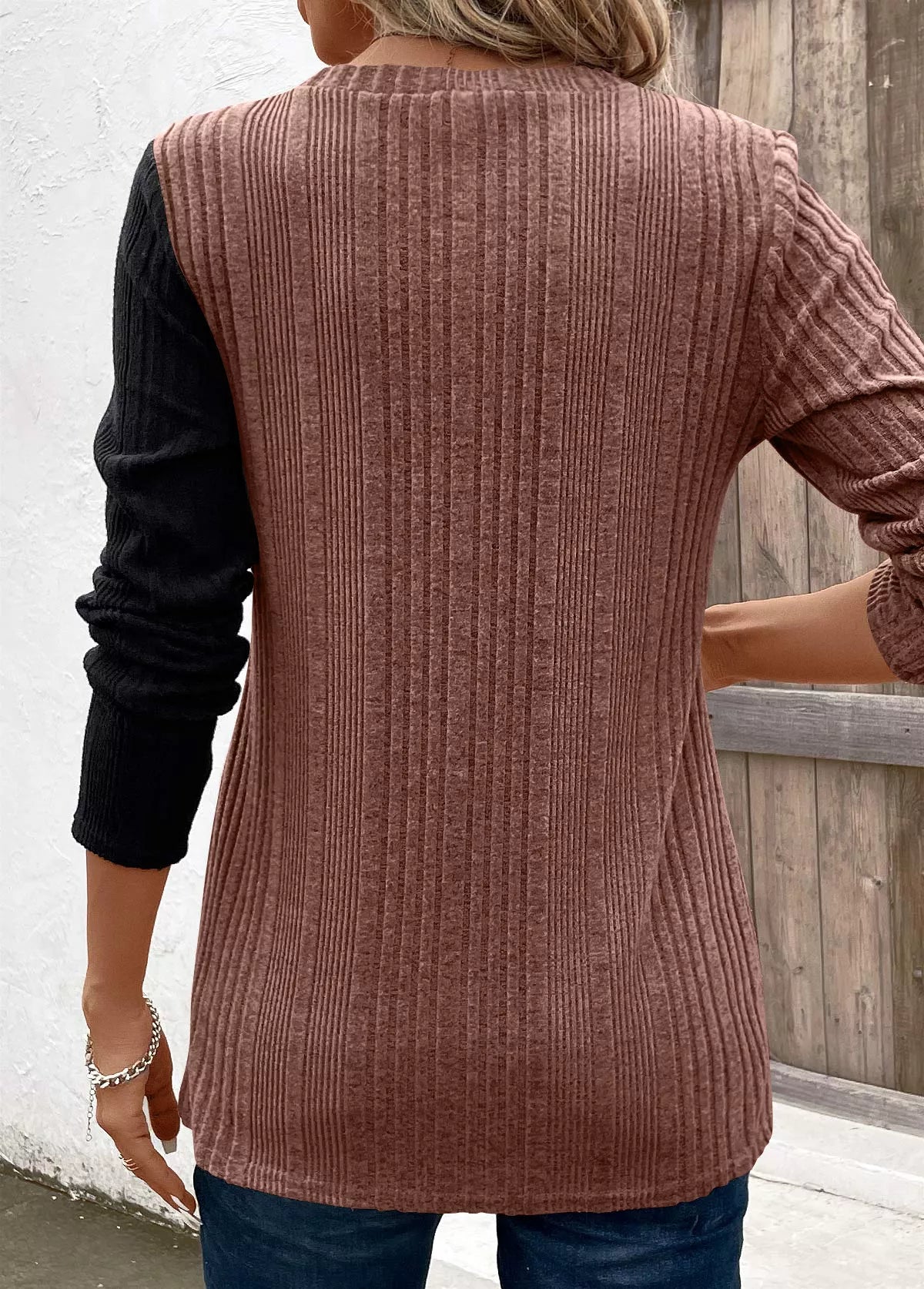 Color Block Ribbed Knit Decor Button T-Shirt