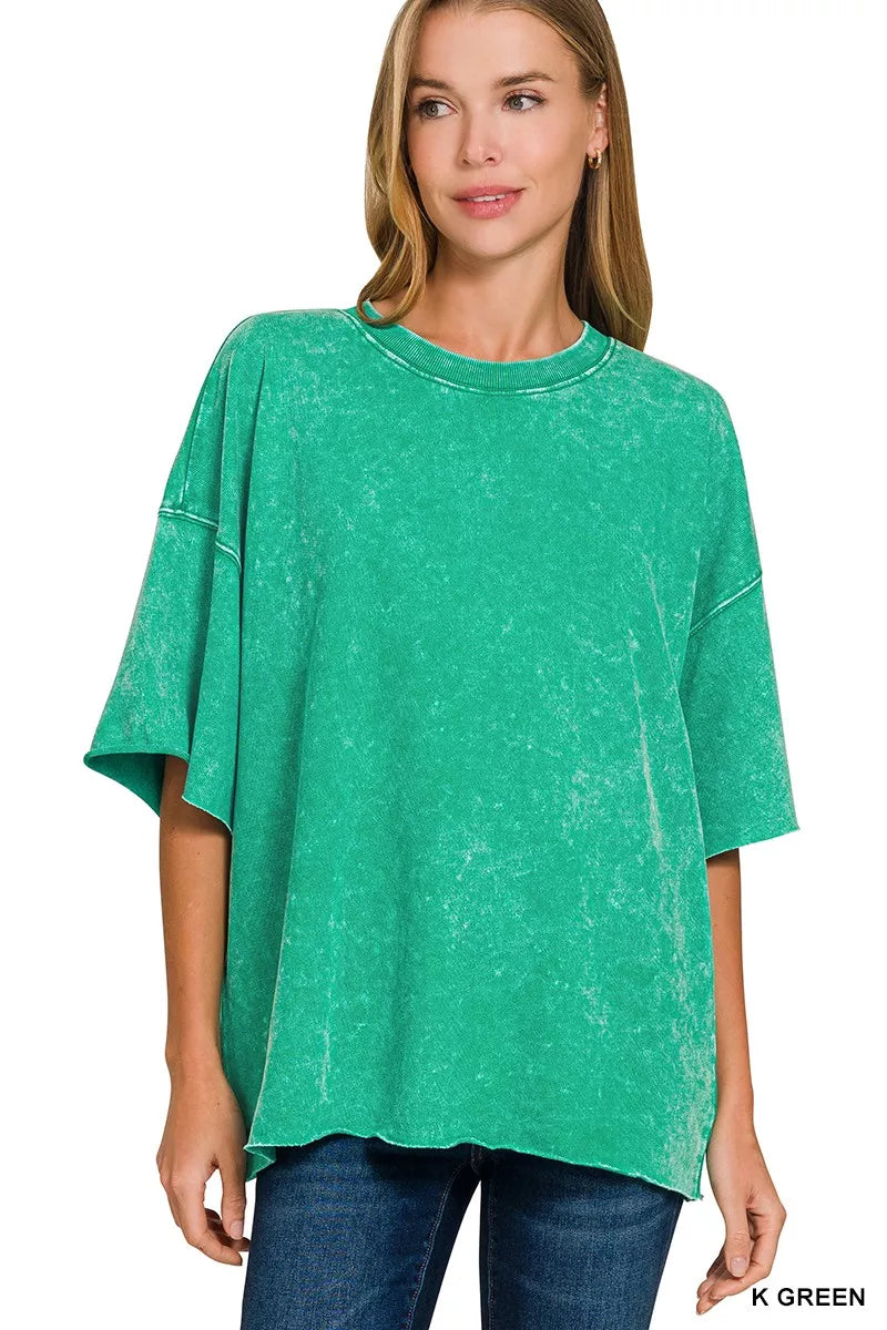 Zenana French Terry Washed Drop Shoulder Short Sleeve Top
