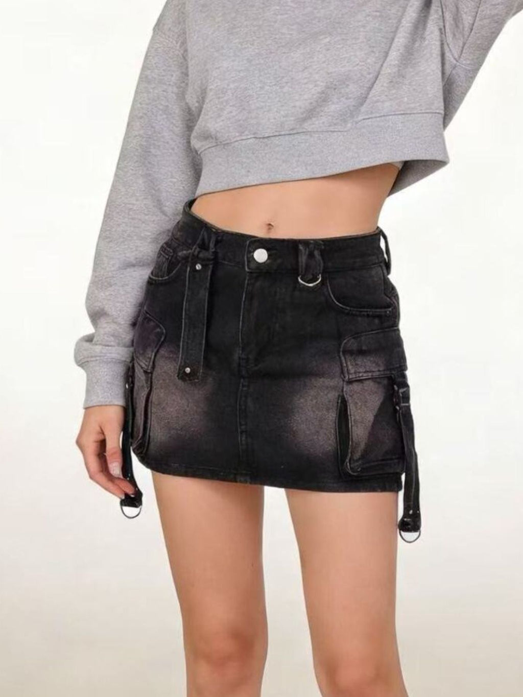 Washed Cargo Denim Skirt