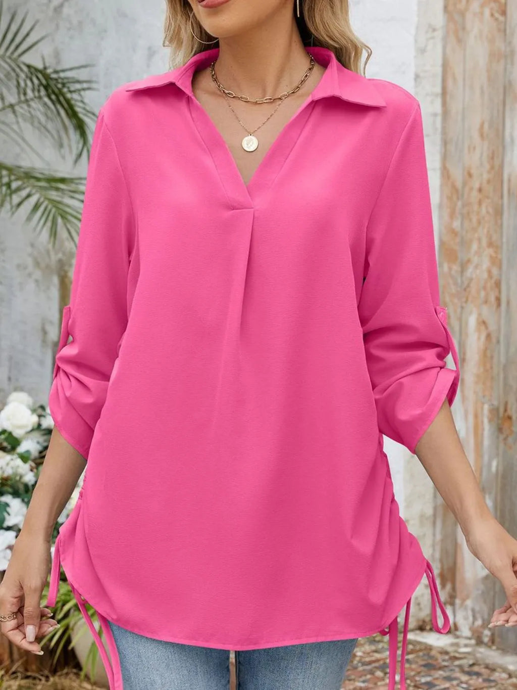 Drawstring Johnny Collared Three-Quarter Sleeve Top