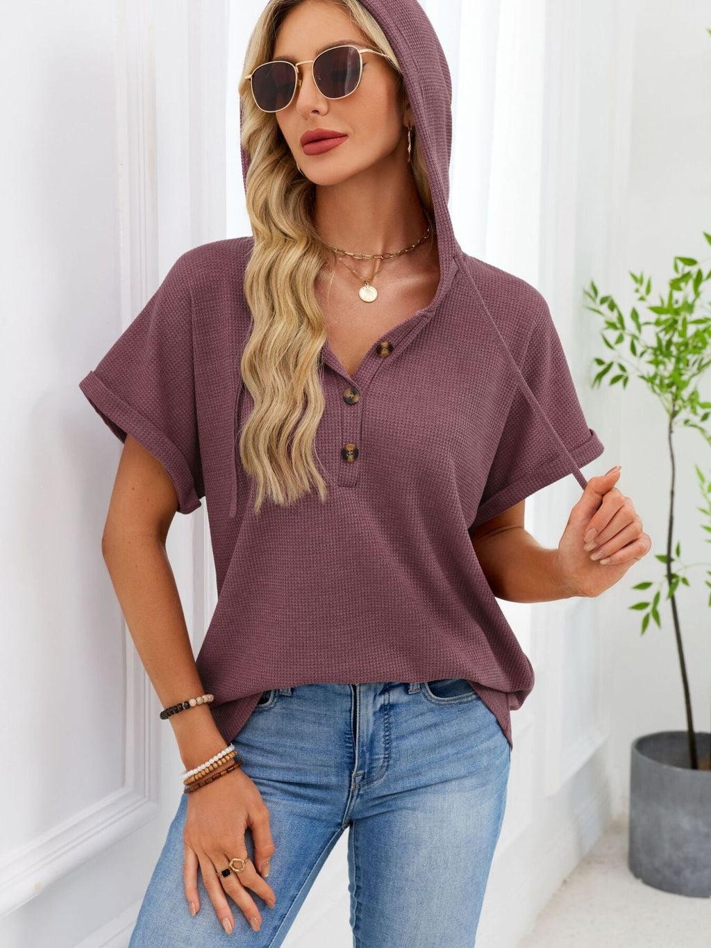 Casual Waffle Knit Button Detail Hooded Top