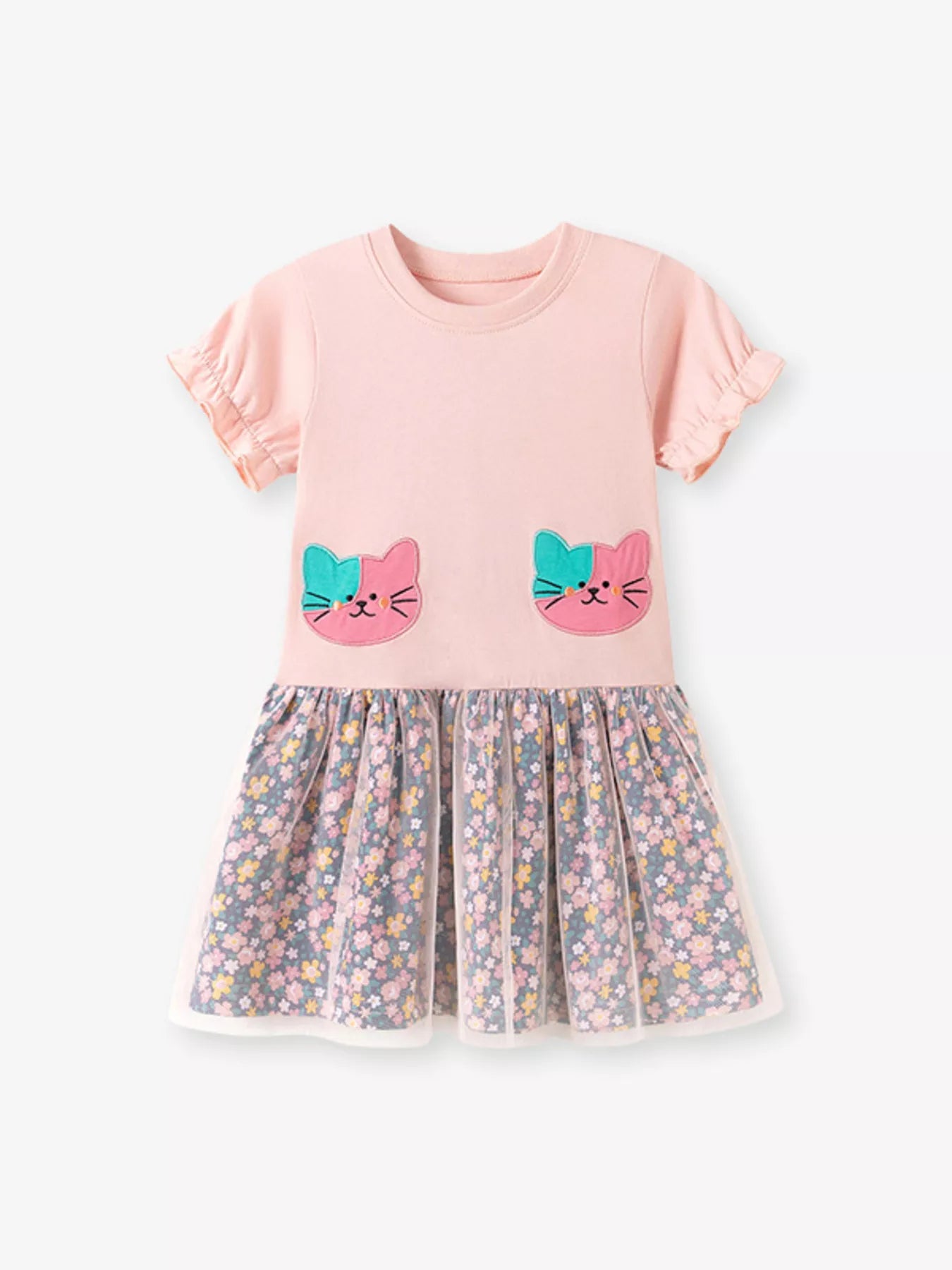 Children's Cat Embroidered Floral Tulle Dress