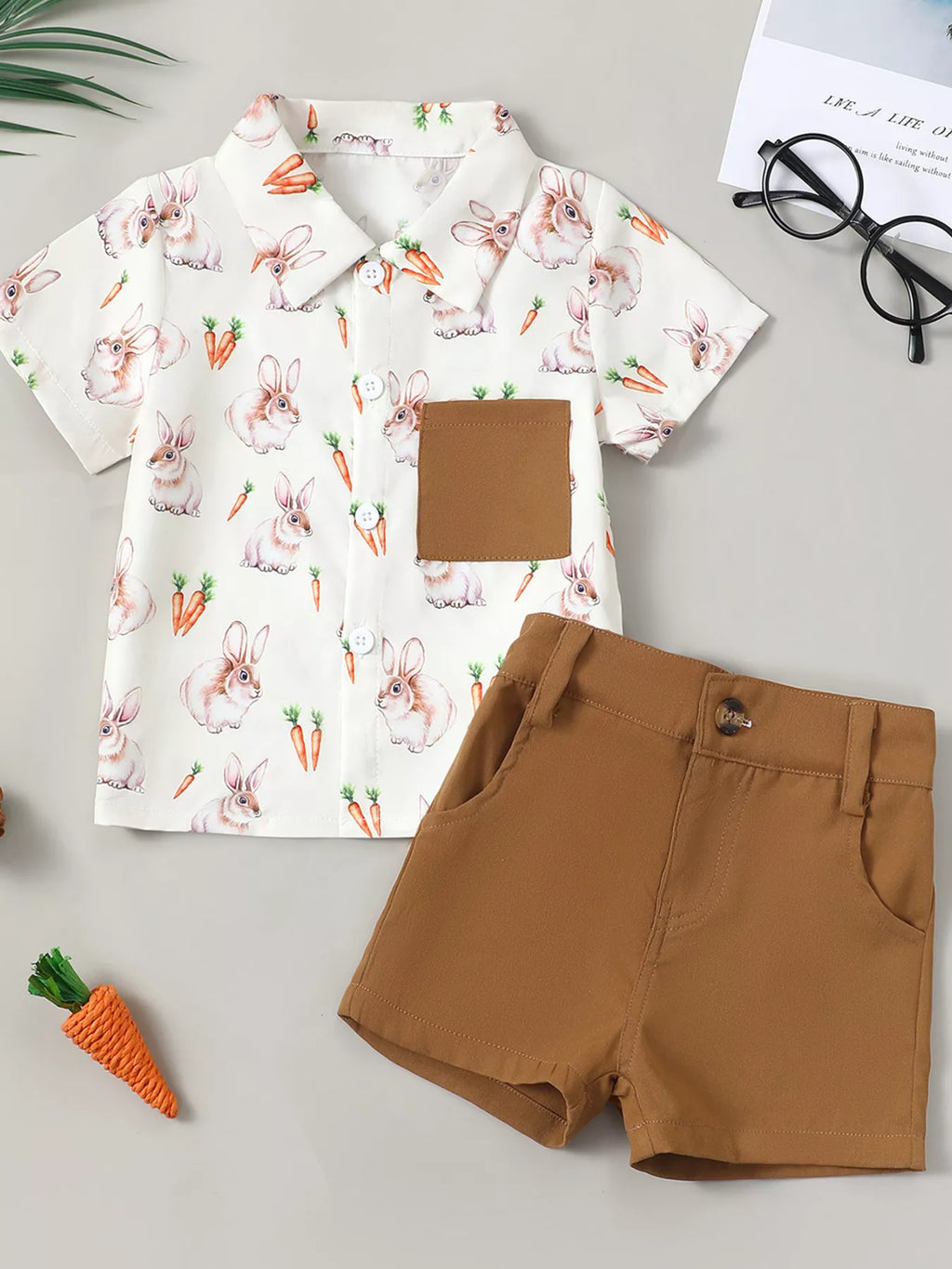 Children's Bunny & Carrot Print Short Sleeve Shirt & Shorts Set